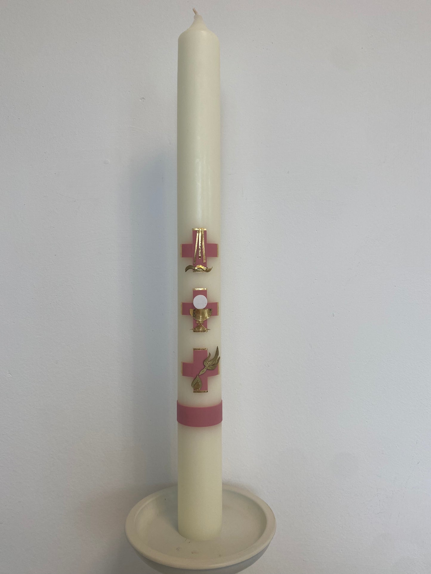 Taufkerze "3 Symbole" altrosa